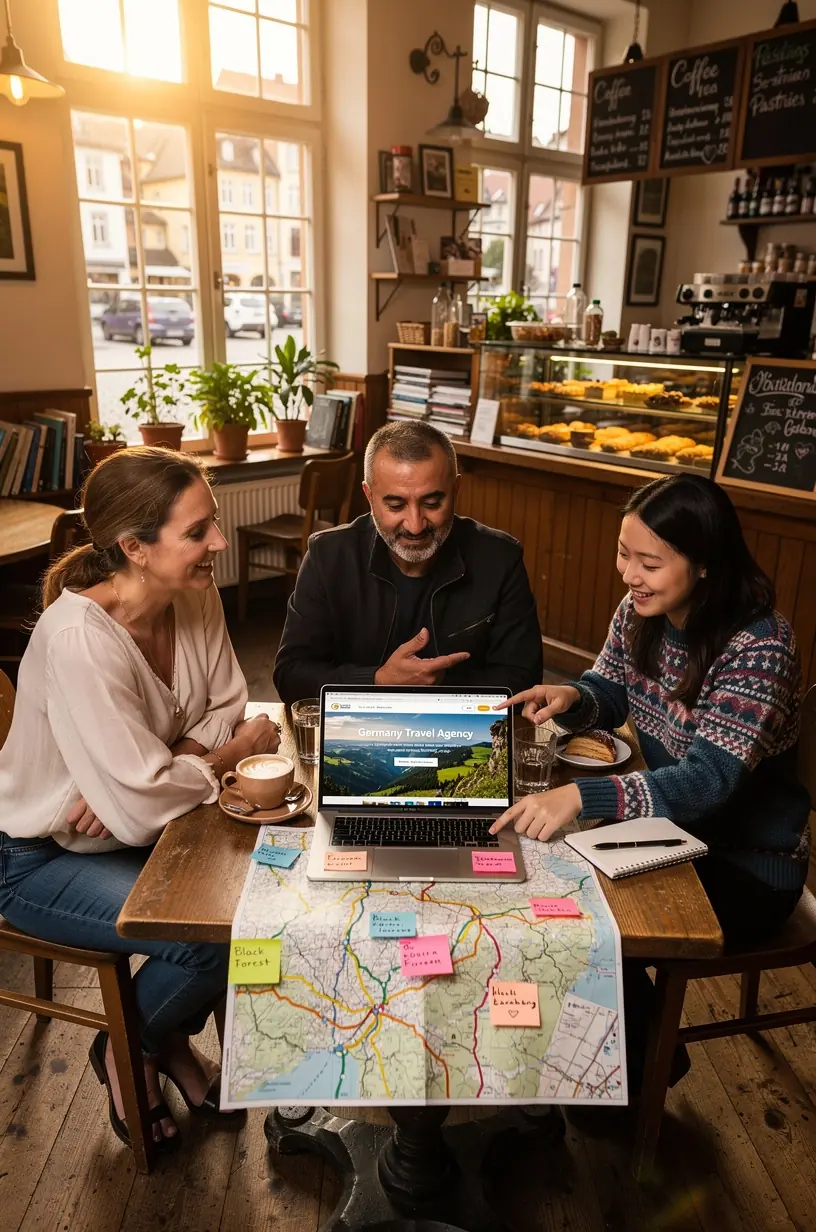Beratungssituation zwischen Reiseexperten und Kunden, die gemeinsam eine maßgeschneiderte Offline-Reiseplanung für Deutschland erarbeiten.